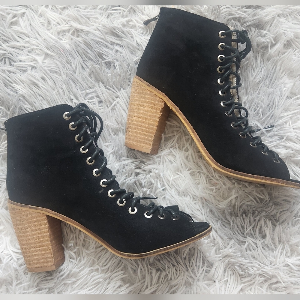 Italina Black Suede Lace-Up Open-Toe Ankle Boots with Stacked Wood Heel